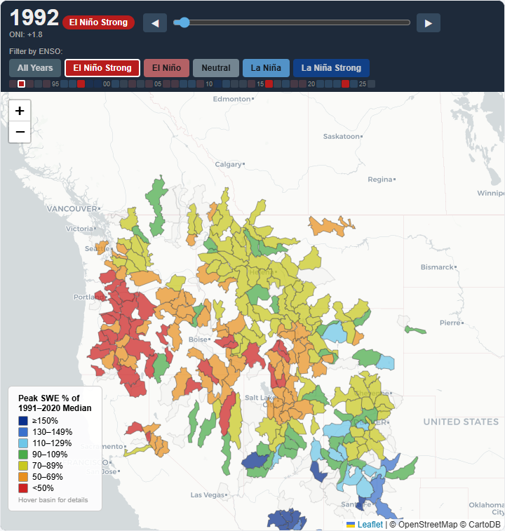 Peak SWE History Map showing 1992 El Niño Strong year — red watersheds across the Pacific Northwest and northern Rockies, with near-normal and above-normal conditions in the southern Rockies and Southwest.